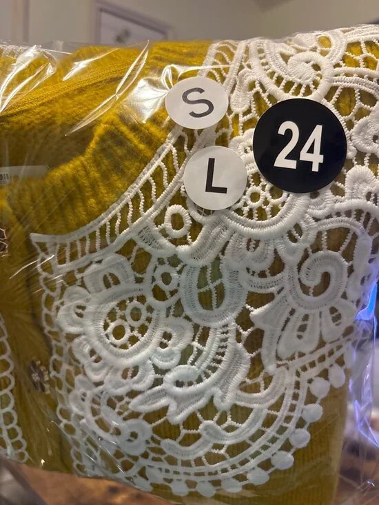 Maeve By Anthropologie Mustard Cardigan With Lace Collar Floral Buttons Size M - Picture 7 of 14